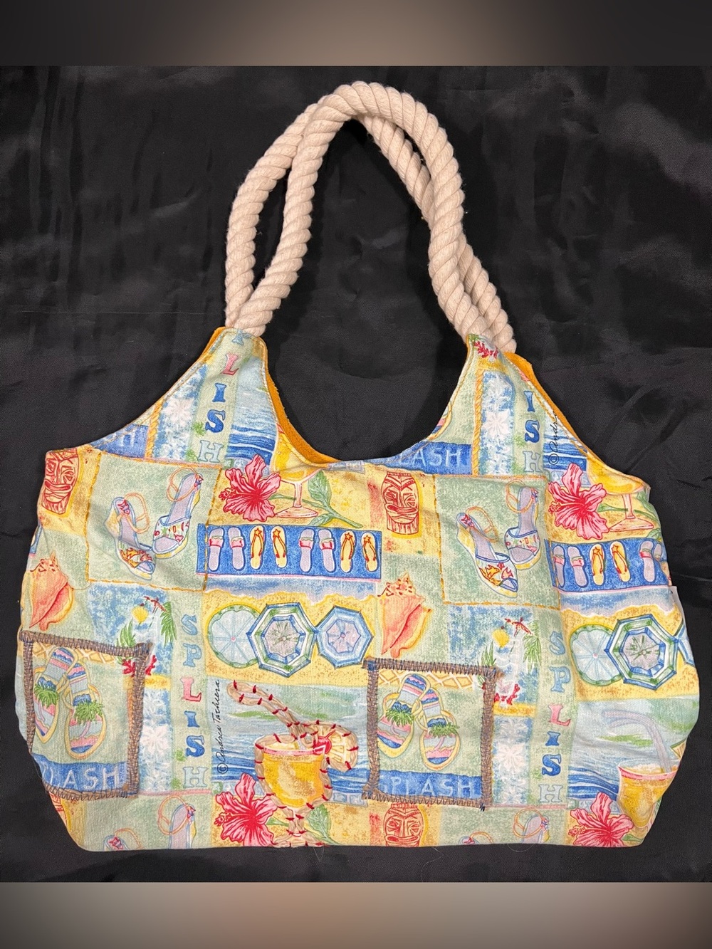 Andrea Tachiera Flip Flops Canvas Beach Large Tote bag Full Zip Rope Straps NWOT